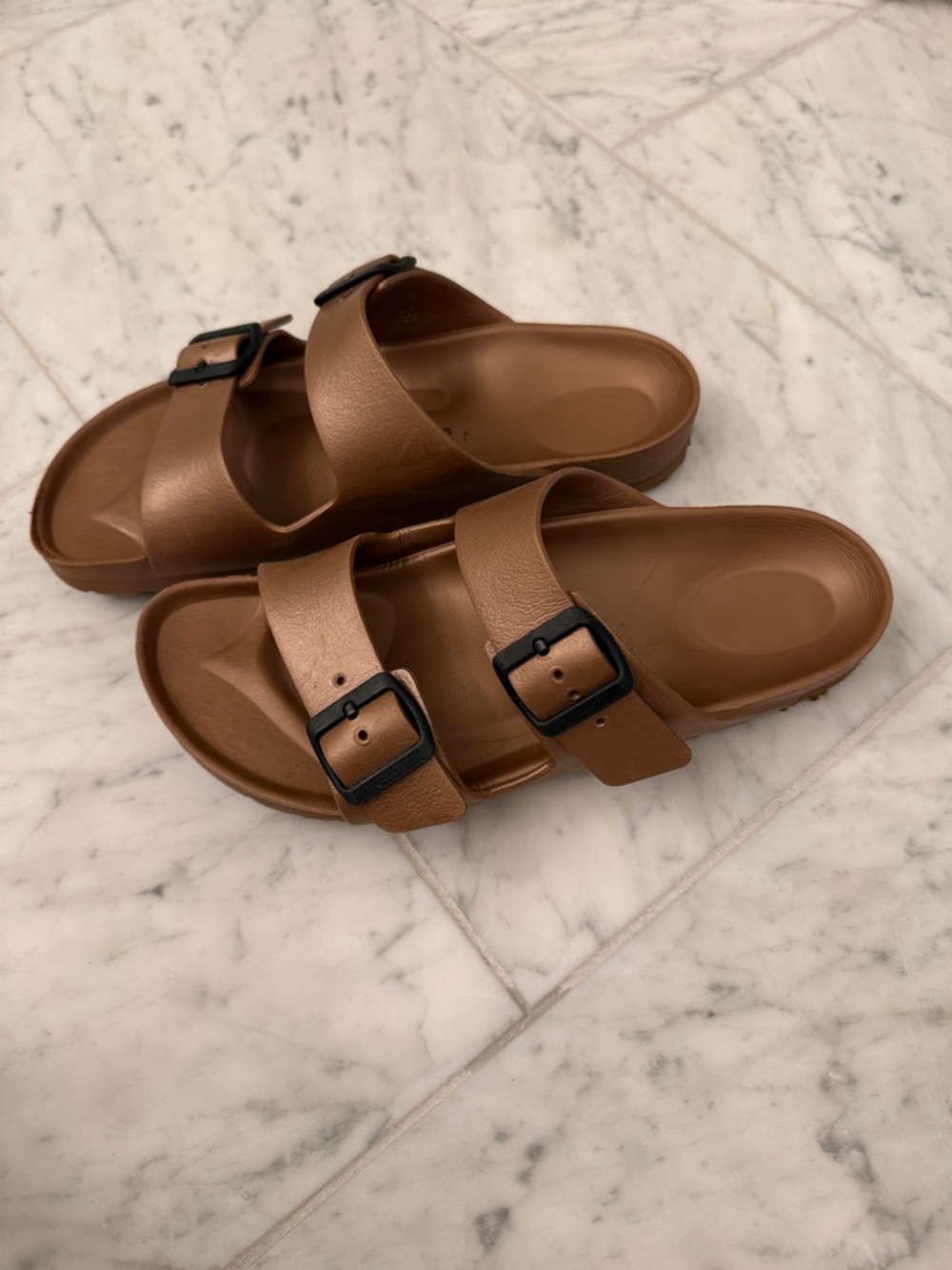 Birkenstock Arizona EVA Metallic Copper Double-Strap Sandals with Black Buckles - Picture 3 of 6